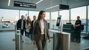 Infographic showing UK contactless border checks at airports using facial recognition eGates, starting at East Midlands Airport and expanding to all UK airports by early 2027.