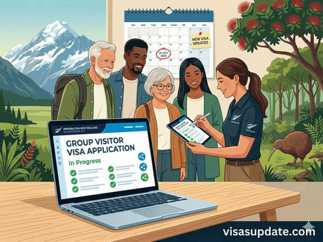 New Zealand group visitor visa online application screen with tour escort and travellers, calendar date 20 July 2026.