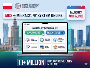 Polish flag with MOS digital portal launching April 27 2026, online application and tracking icons, 1.1+ million foreign residents.