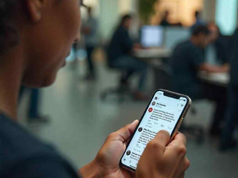 USCIS officer screening social media for antisemitic content under 2025 policy" Description: "Close-up of immigration official analyzing a visa applicant's smartphone displaying social media posts, illustrating the new USCIS antisemitism screening protocol