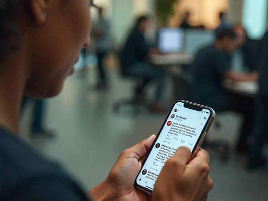 USCIS officer screening social media for antisemitic content under 2025 policy" Description: "Close-up of immigration official analyzing a visa applicant's smartphone displaying social media posts, illustrating the new USCIS antisemitism screening protocol