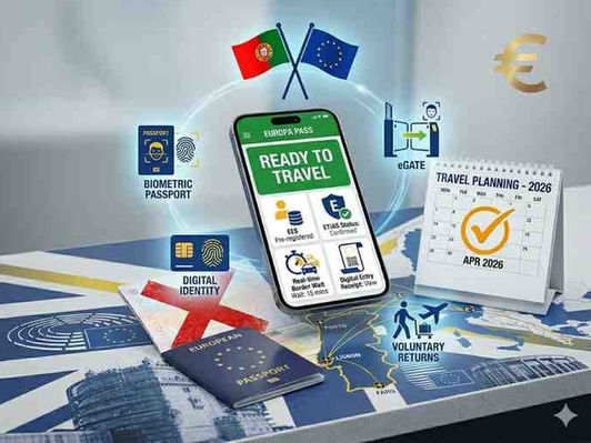 Smartphone displaying Europa Pass digital travel app interface with Schengen map and Portuguese flag representing Portugal's new continent-wide travel app.
