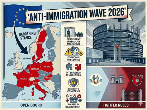 European Union flag with anti-immigration wave 2026, map highlighting hardening countries, and icons for migration, economy, integration, security, and politics.