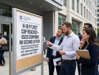 USCIS confirms H-1B cap reached for FY 2027 with no second lottery. Weighted lottery selects 40.2% of 211,600 registrations.