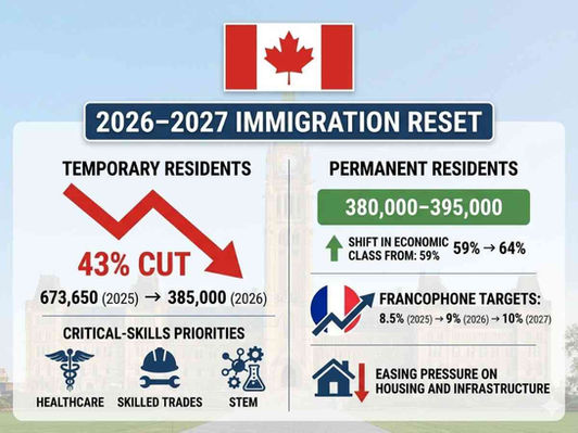 Canada flag with 2026–2027 immigration reset showing temporary residents cut 43% to 385,000, PR targets 380K–395K, and French-speaking targets rising to 10%.