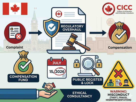Canadian flag, CICC logo, regulatory overhaul document, compensation fund, public register, calendar July 15, 2026, handshake, misconduct warning.