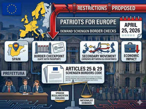 EU flag with Schengen map, Patriots for Europe demand border checks after Spain regularizes 500,000 migrants.