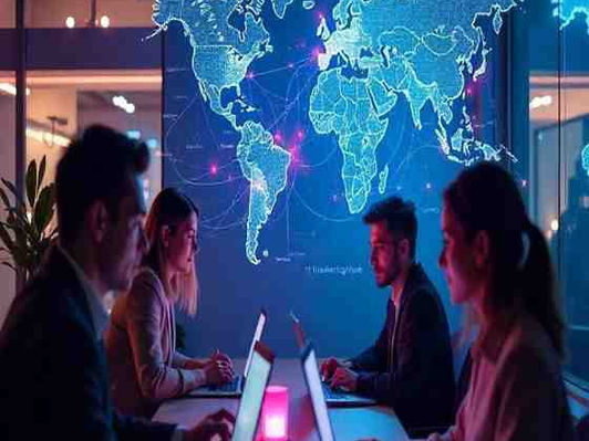 A diverse group of professionals collaborates digitally in a modern Estonian setting, highlighting its status as a digital innovation hub welcoming skilled workers and startups.
