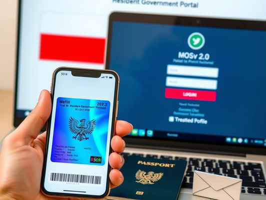 A person holding a smartphone showing a digital Polish residence permit card next to a laptop with the MOSv2.0 portal login screen.