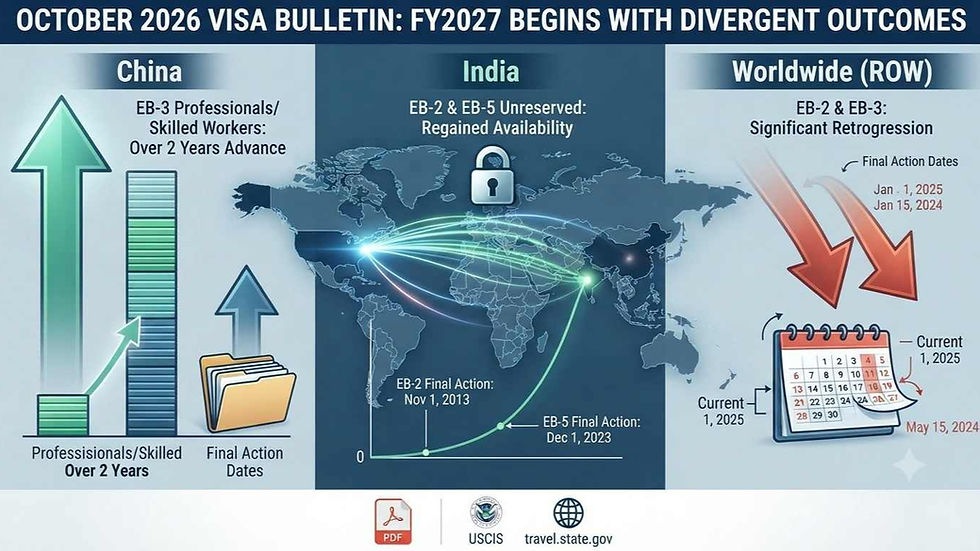 October 2026 Visa Bulletin employment-based green card infographic showing China EB-3 Dates for Filing advancing to April 1 2024, India EB-2 reopened at November 1 2013, worldwide EB-2 retrogressing to January 1 2025, and USCIS honoring Dates for Filing chart for I-485 filings.