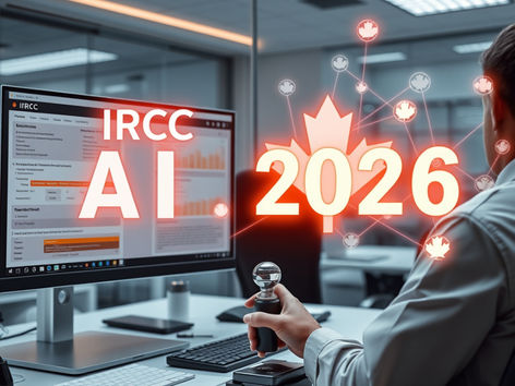 IRCC immigration officer reviewing AI-assisted application with fraud detection tools representing Canada's AI Strategy 2026 launch.