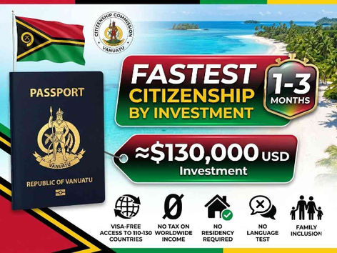 Vanuatu flag with citizenship by investment banner, 1-3 months processing, $130,000 contribution, and passport with visa-free access.