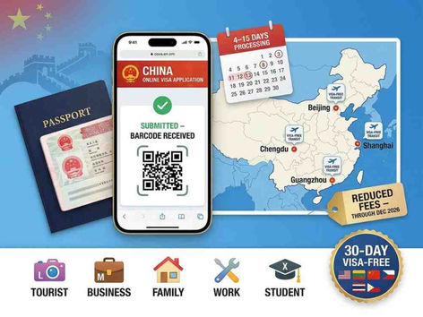 China e-Visa 2026 COVA online application system on smartphone with passport, reduced fees, and 30-day visa-free for eligible countries.