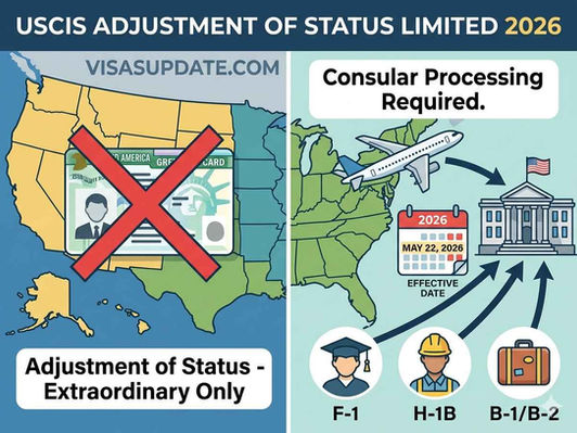 USCIS adjustment of status limited 2026 showing green card applicants redirected from AOS to consular processing at US embassies effective May 22 2026.