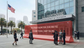 $100,000 H-1B fee blocked California court 2026 infographic showing Judge Haywood Gilliam Jr preliminary injunction, Global Nurse Force v Trump case, APA violations, second court to block the fee, exemptions for in-country applicants and renewals, and pending $103,265 fee proposal.