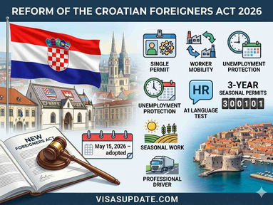 Croatian flag, parliament building, Foreigners Act 2026, single permit, A1 Croatian test, 3‑year seasonal work.