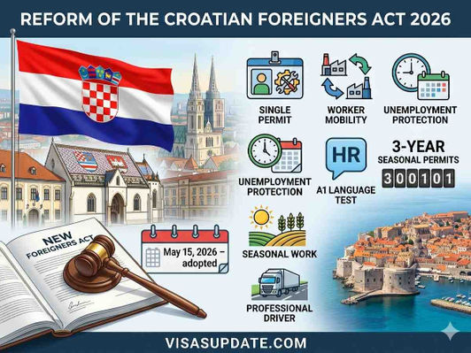 Croatian flag, parliament building, Foreigners Act 2026, single permit, A1 Croatian test, 3‑year seasonal work.