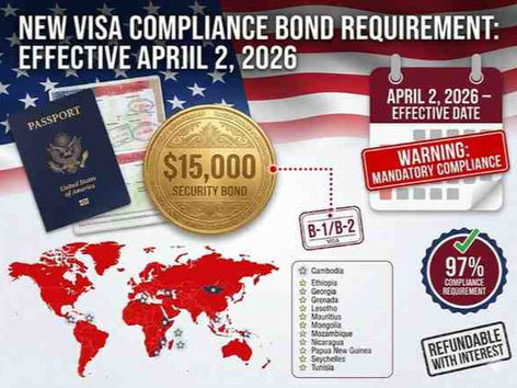 US flag with $15,000 gold coin and world map highlighting 50 countries for U.S. Visa Bond Program 2026 expansion effective April 2.