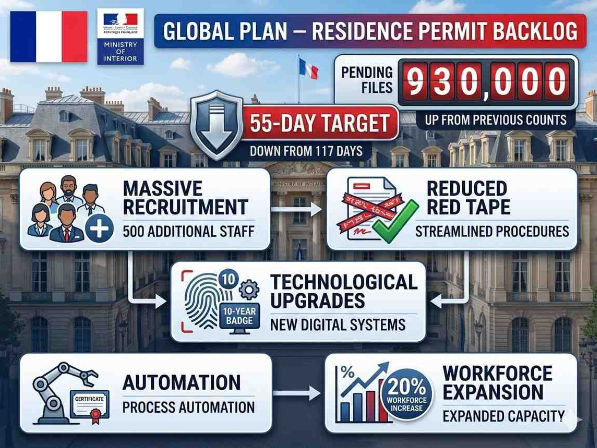 French flag with residence permit backlog plan, 930,000 pending files, 55-day target, 500 new staff, ANEF reforms.

