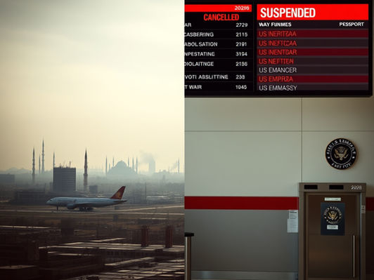 Split scene showing damaged Tehran skyline and closed international border with cancelled flight displays representing Iran War 2026 immigration crisis.