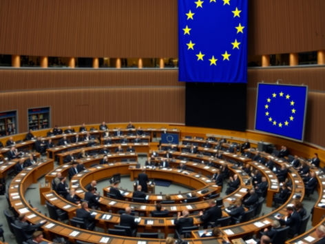 European Parliament members voting on the new EU Migration Law inside the Brussels hemicycle with EU flags in the background.