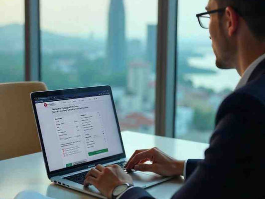 Professional reviewing Azerbaijan work permit exemption documents with Baku skyline in the background.