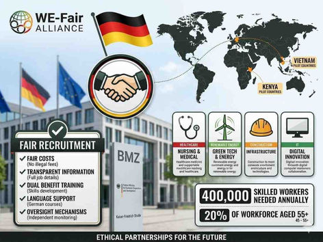 Germany WE-Fair Alliance logo with map highlighting Vietnam and Kenya, icons for healthcare renewable energy construction IT, and 400,000 skilled workers needed annually.