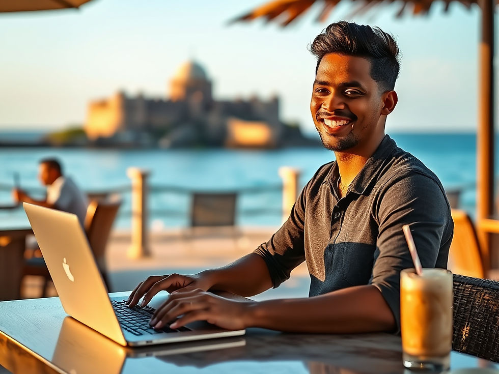 A digital nomad working remotely on a laptop at a beachfront cafe in Galle, Sri Lanka, with the historic Galle Fort and ocean visible in the background.

