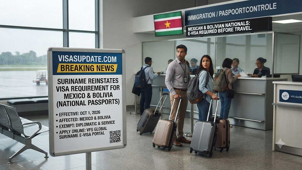 Suriname reinstates temporary visa requirement for Mexico and Bolivia national passport holders effective October 1, 2026, with diplomatic and service passports exempt.