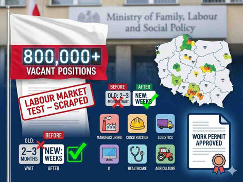 Polish flag with 800,000+ vacant positions counter and labour market test scrapped badge representing Poland's labor shortage crisis reform 2026.