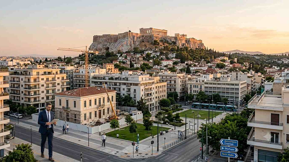 Greek Golden Visa 2026 – infographic showing faster processing under Law 5275/2026, €250,000 startup pathway, €250,000 commercial conversion projects, and €800,000 prime zone investments.