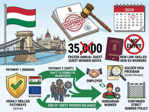 Hungarian flag, Parliament building, suspension stamp, June 1 2026 calendar, guest worker quota crossed out, Hungarian Card and EU Blue Card icons, Golden Visa under review.

