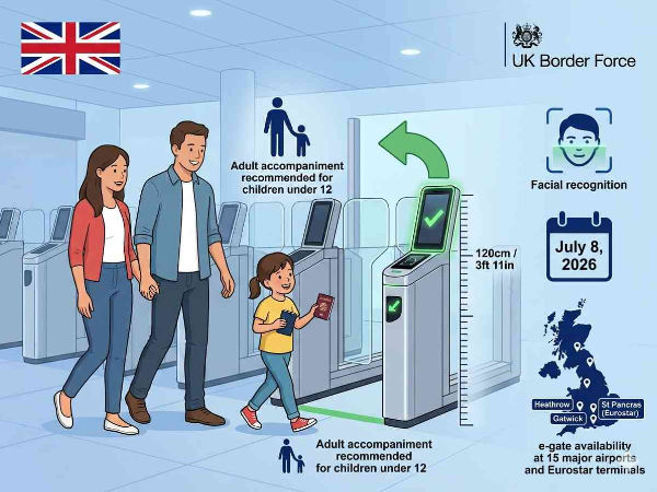Union Jack, UK Border Force logo, family using e-gate, child passport, height 120cm, adult accompaniment, facial recognition, July 8 2026.

