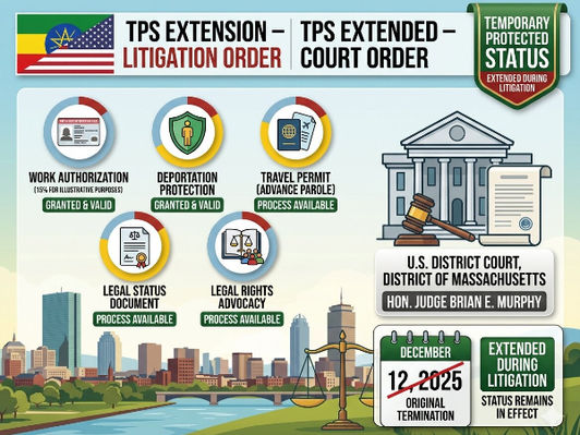 Ethiopian and US flags with TPS extended banner, Massachusetts federal court gavel, and work authorization, travel, deportation protection icons.