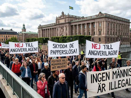 Sweden's parliament voted on June 15, 2026 on a controversial bill requiring six government authorities (Public Employment Service, Pensions Agency, Tax Agency, Social Insurance Agency, and two others) to report undocumented migrants to police. Protests erupted in Stockholm. Schools, healthcare, and social services are exempt. Critics warn of increased fear and exploitation.