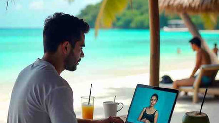 "Remote worker with laptop and Philippines Digital Nomad Visa document on a tropical beach, surrounded by palm trees and turquoise ocean."
