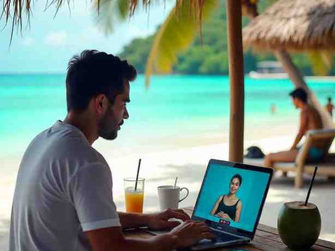 "Remote worker with laptop and Philippines Digital Nomad Visa document on a tropical beach, surrounded by palm trees and turquoise ocean."