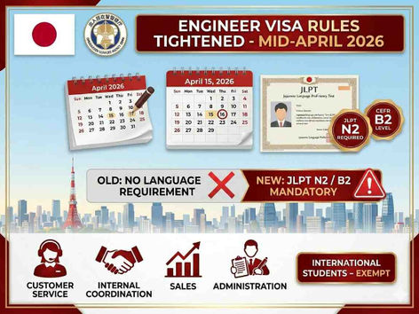 Japanese flag with engineer visa language requirement, JLPT N2/B2 mandatory from mid-April 2026, with international student exemption.