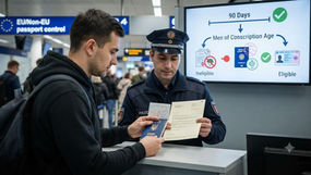 Infographic showing Germany's extended 90-day residence permit waiver for Ukraine-based foreign nationals, with a new military compliance condition applying to arrivals from October 9, 2026.