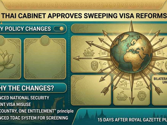 Thailand overhauls visa policy with 30-day visa-free for 59 countries including India and all EU states under "one country, one entitlement" framework.