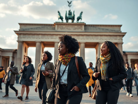 African professionals walking in German city with Brandenburg Gate and Afrika Kommt! 2026 Cohort Now Open application on tablet.