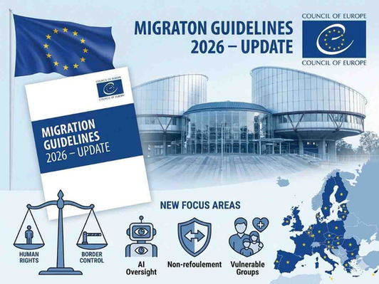 Council of Europe flag and Strasbourg headquarters with migration guidelines 2026 document and icons for AI rules, non-refoulement, and vulnerable group protections.
