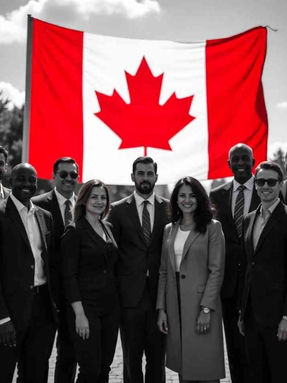 "A diverse group of French-speaking immigrants and Canadian officials gather under a Canadian flag backdrop, symbolizing collaboration to strengthen Francophone communities and labor markets."