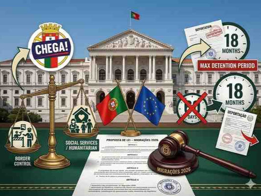 Portuguese Parliament building with new migration bill showing 18-month detention proposal and Chega party influence in Portugal Tightens Migration Grip 2026.
