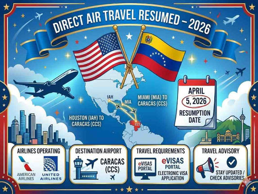 US and Venezuelan flags crossed, direct air travel resumed 2026, flight routes from Miami and Houston to Caracas.