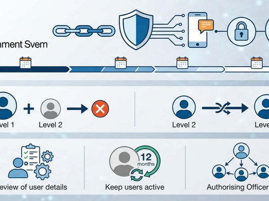 UK SMS mandatory multi-factor authentication 2026 infographic showing phased rollout from September 3, full rollout by November, Level 2 User role abolished from September 9, deactivation deadline March 8 2027, and key actions for sponsors including reviewing user details and maintaining Level 1 access.