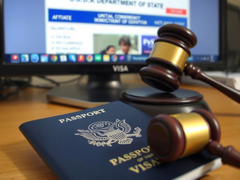 U.S. passport and visa stamp with State Department website on screen, representing the 2026 public charge FAQ and nonimmigrant visa revocation risks.