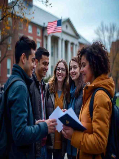 "International students discussing F1 visa screening process near American university campus"
