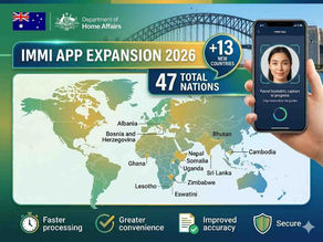 Australian flag with Immi App expansion 2026, smartphone showing facial biometric capture, and world map highlighting 13 newly added countries.