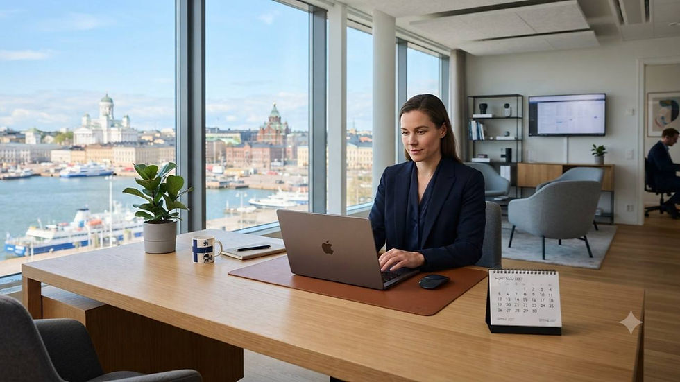 Infographic showing Finland's citizenship test applying to applications filed from March 2027, with study materials published by year-end and test sessions in seven Finnish cities.